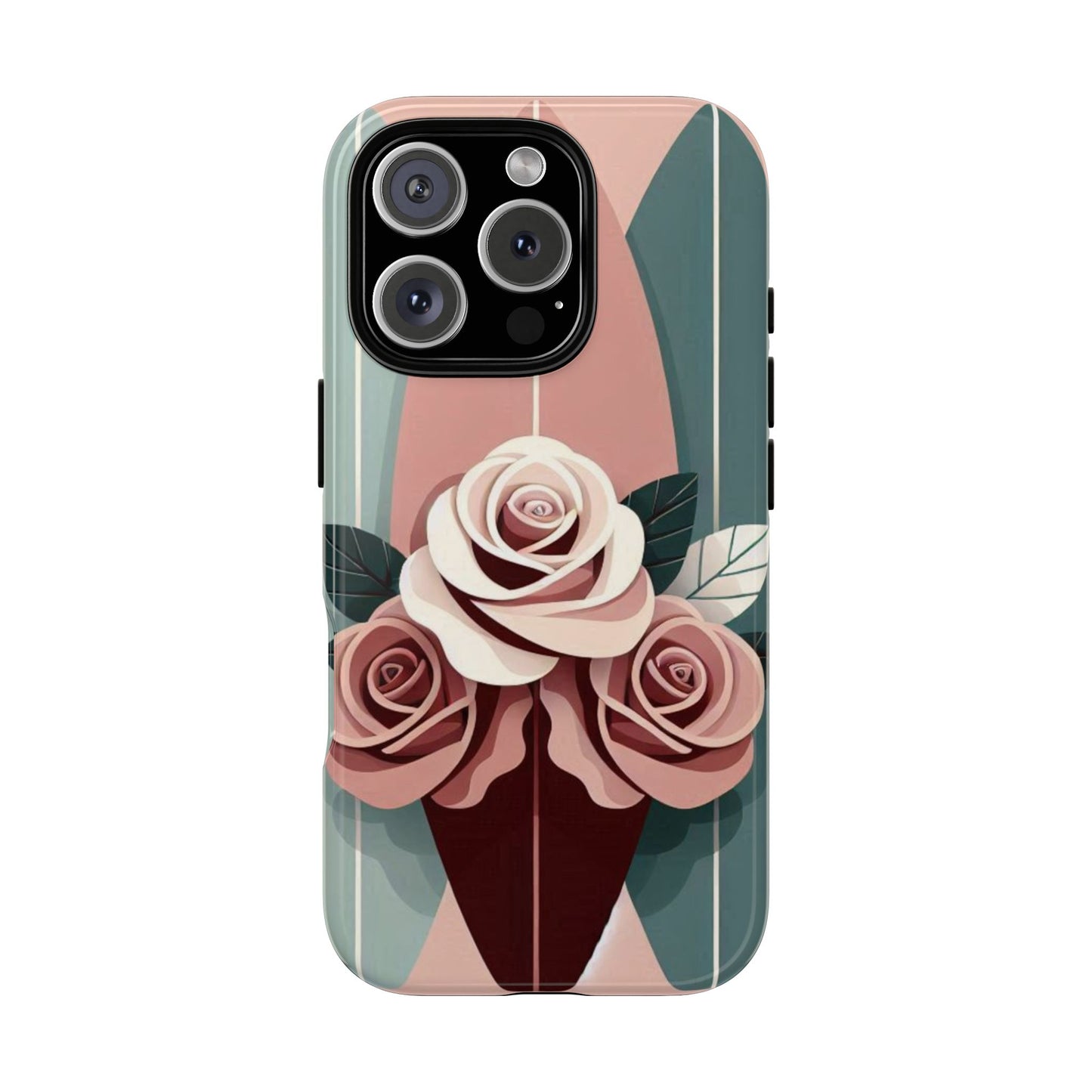 Phone Case - Burgundy, Matte Mauve & Teal Surfboard & Roses Design
