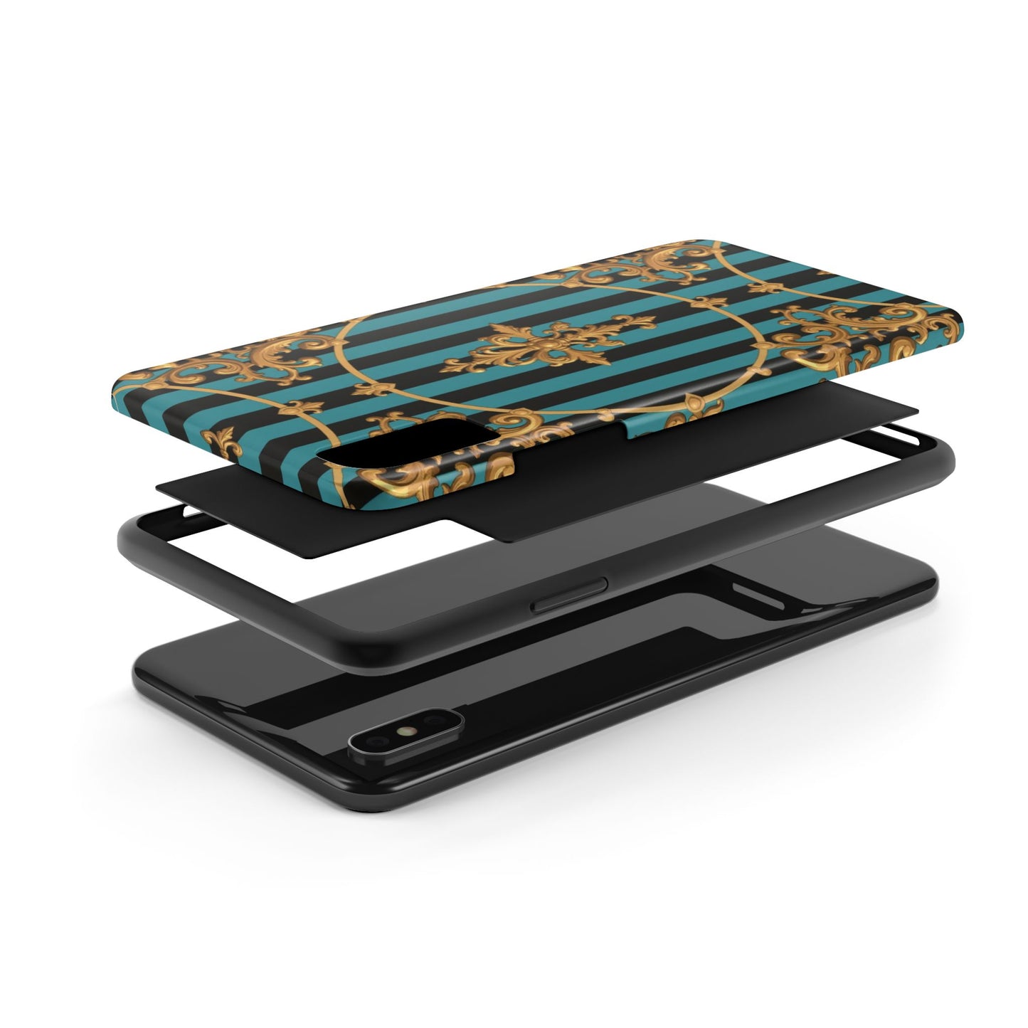 Elegant Turquoise & Black Striped Gold Baroque Phone Case, Tough Phone Cases for Fashion Lovers, Gift for Her, Luxury Accessories