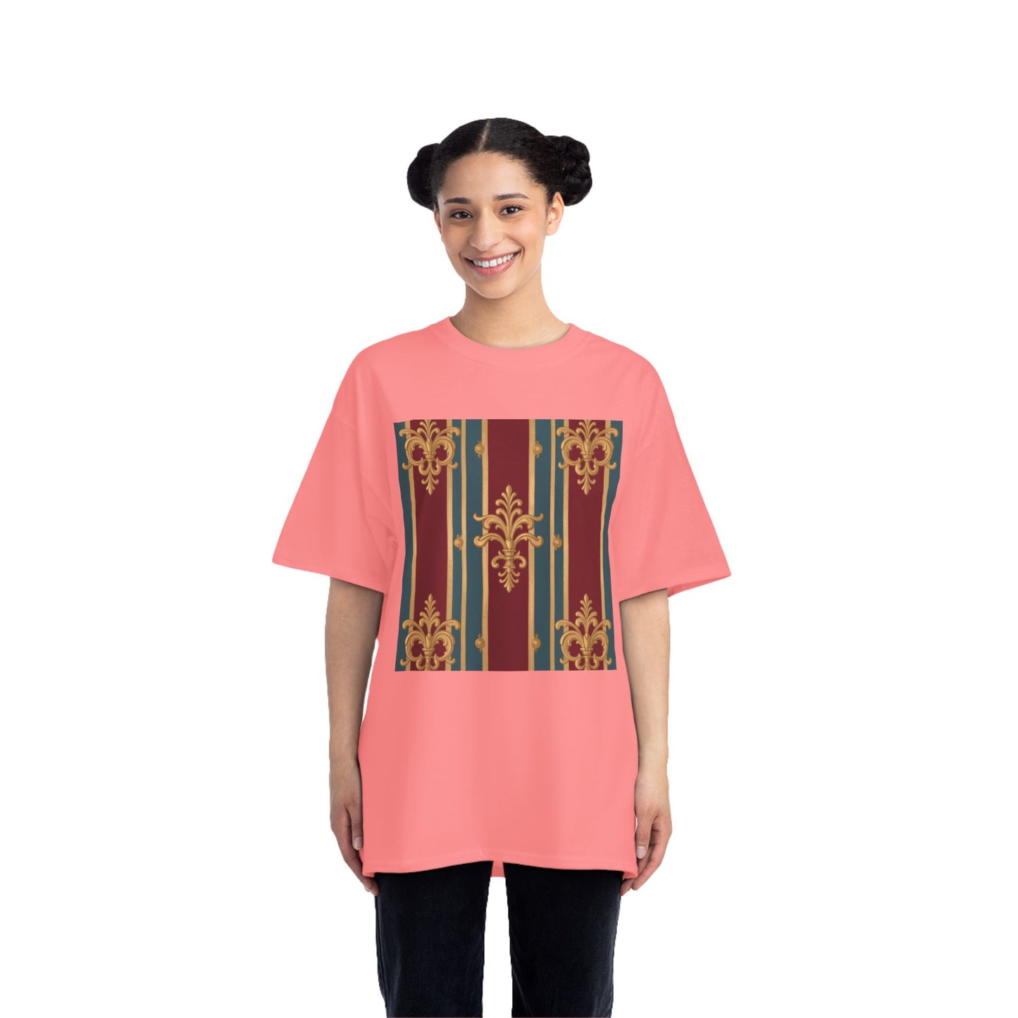 Elegant Vintage Patterned Beefy-T® Short-Sleeve T-Shirt | Casual Wear, Summer Tops, Unique Gift - Burgundy Striped Gold Baroque