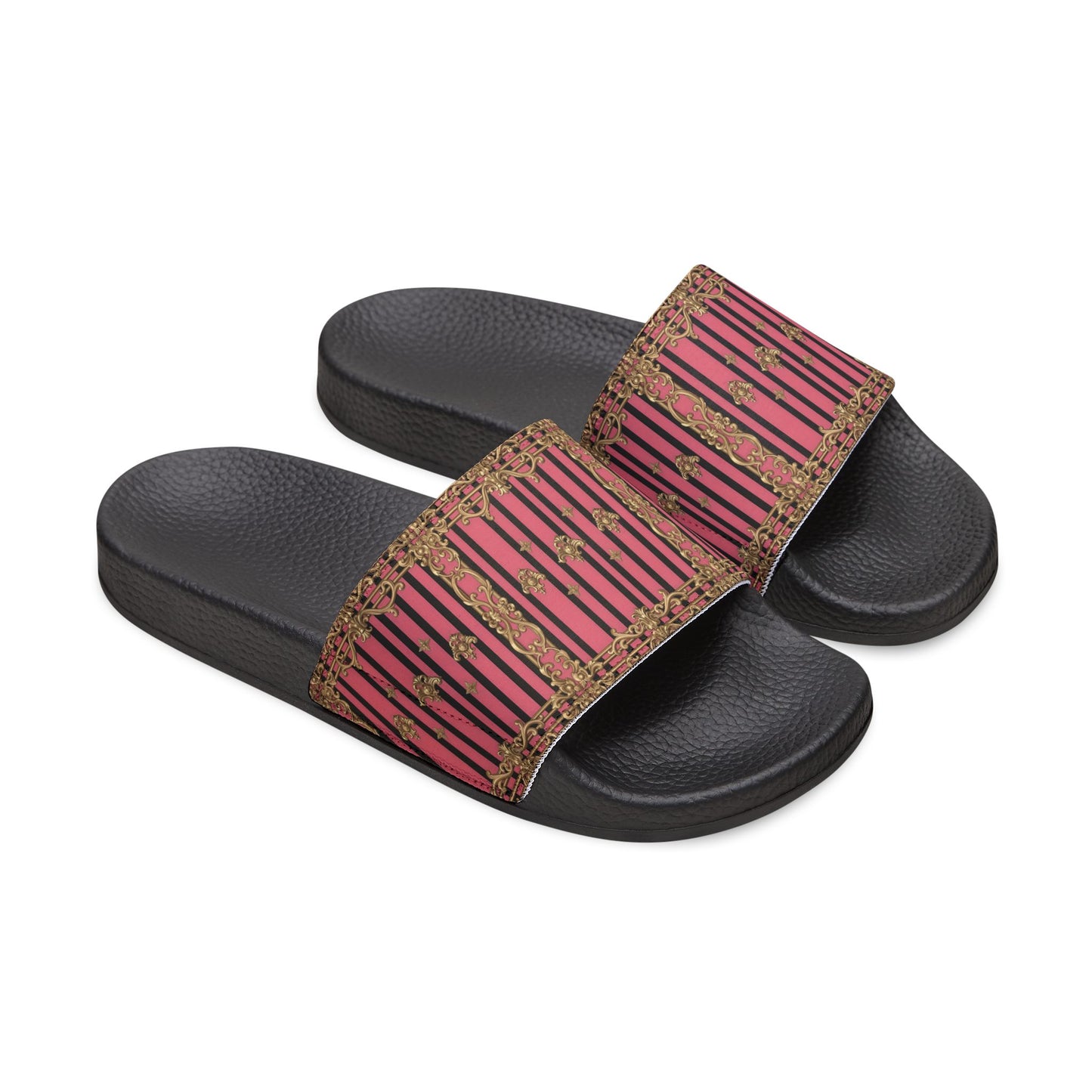 Chic Women's Removable-Strap Sandals - Stylish Summer Footwear, Casual Pool Slides, Vacation Ready - Pink Striped Gold Rococo
