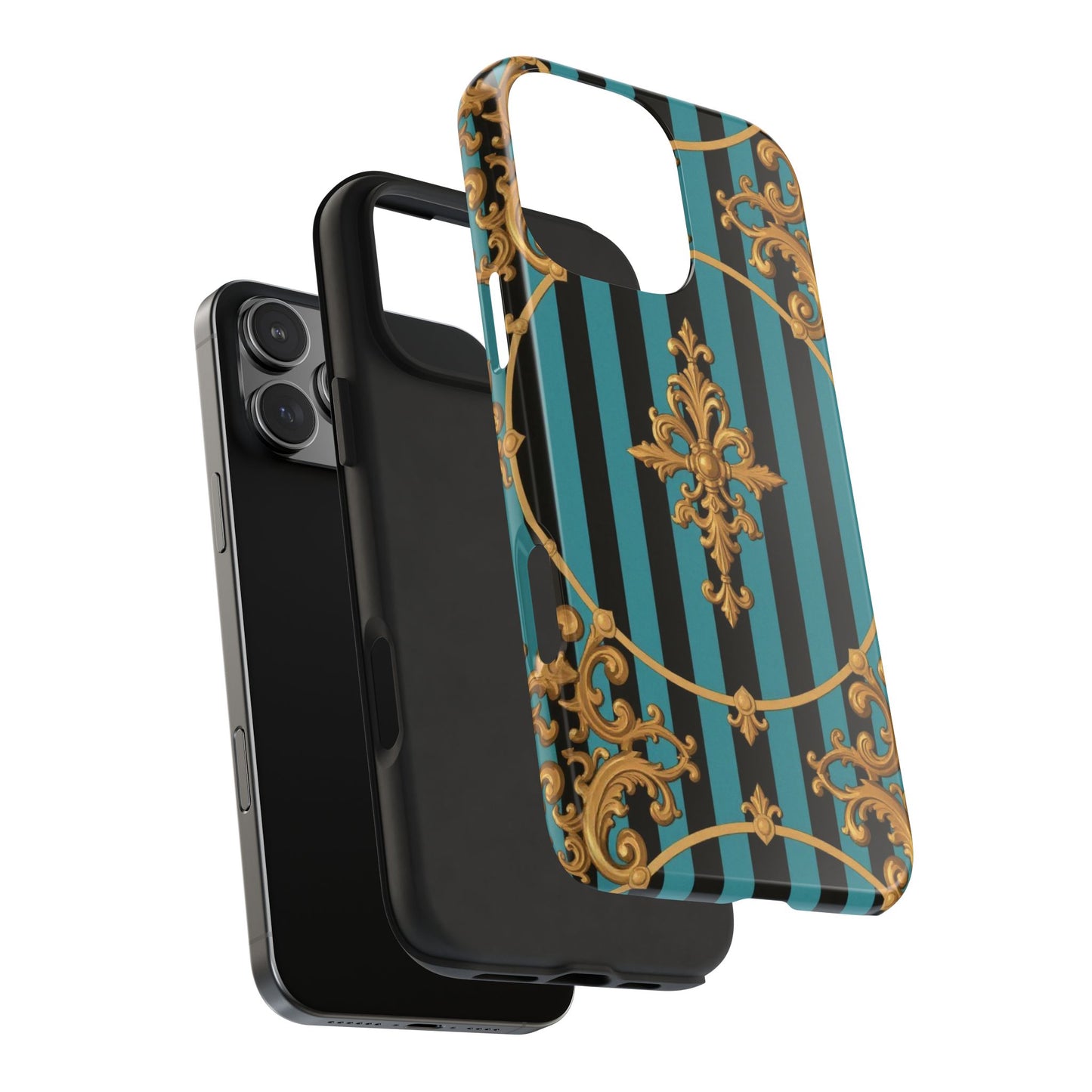 Elegant Turquoise & Black Striped Gold Baroque Phone Case, Tough Phone Cases for Fashion Lovers, Gift for Her, Luxury Accessories