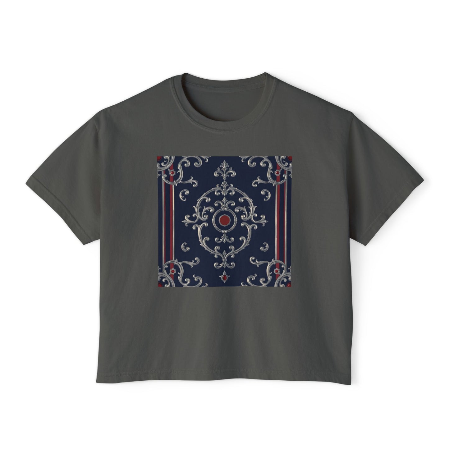 Chic Women's Boxy Tee with Vintage-Inspired Design, Casual Top, Everyday Wear, Gift for Her - Blue & Red Striped Silver Baroque