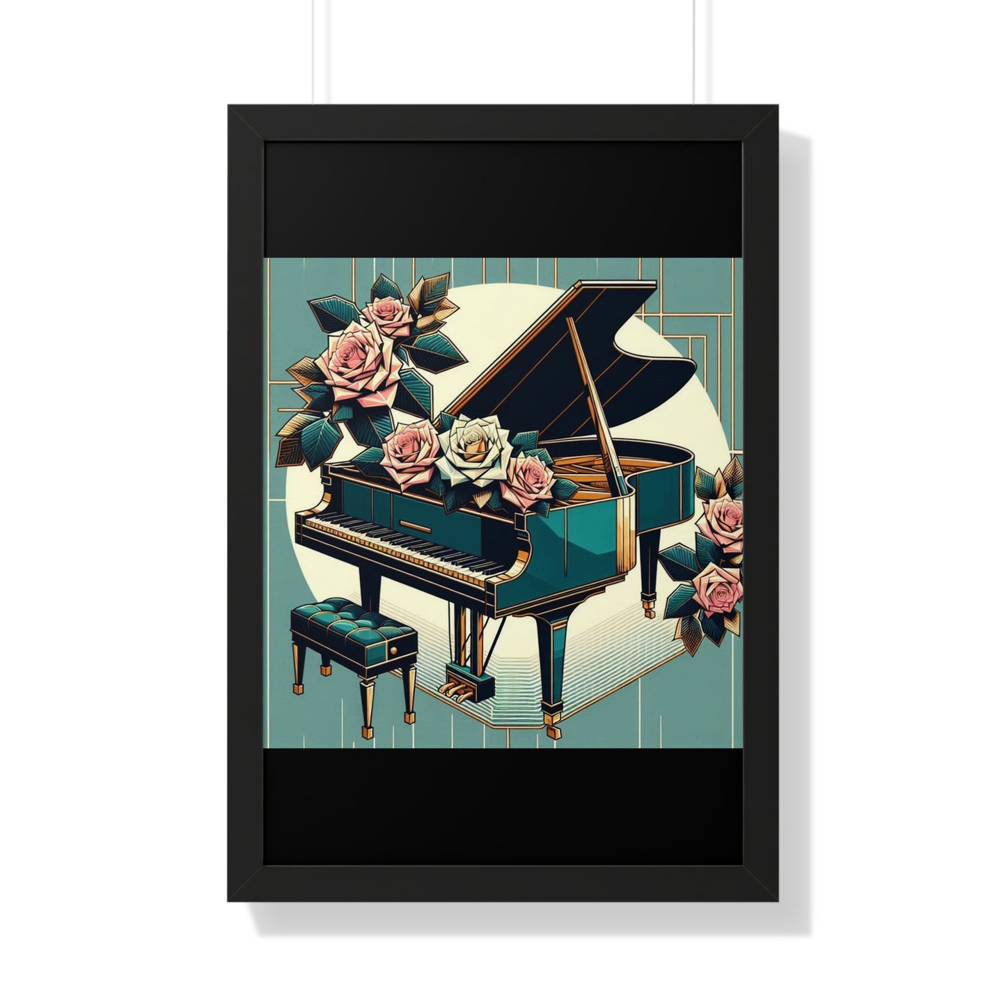 Vertical Poster - Teal Grand Piano & Roses Wall Art