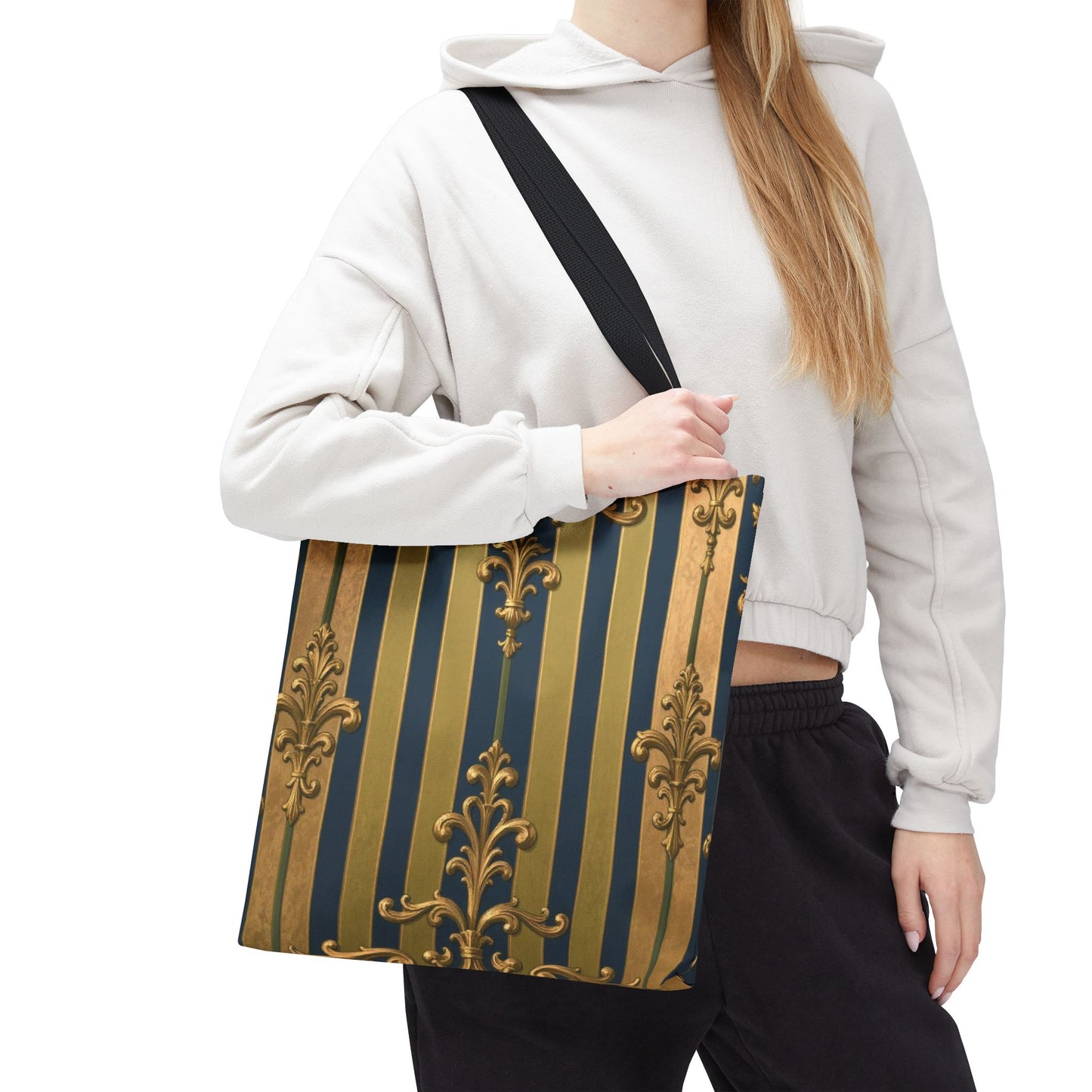 Elegant Midnight Blue & Olive Striped Gold Baroque Golden Striped Tote Bag, Stylish Shopping Bag, Trendy Handbag, Chic Gift for Her