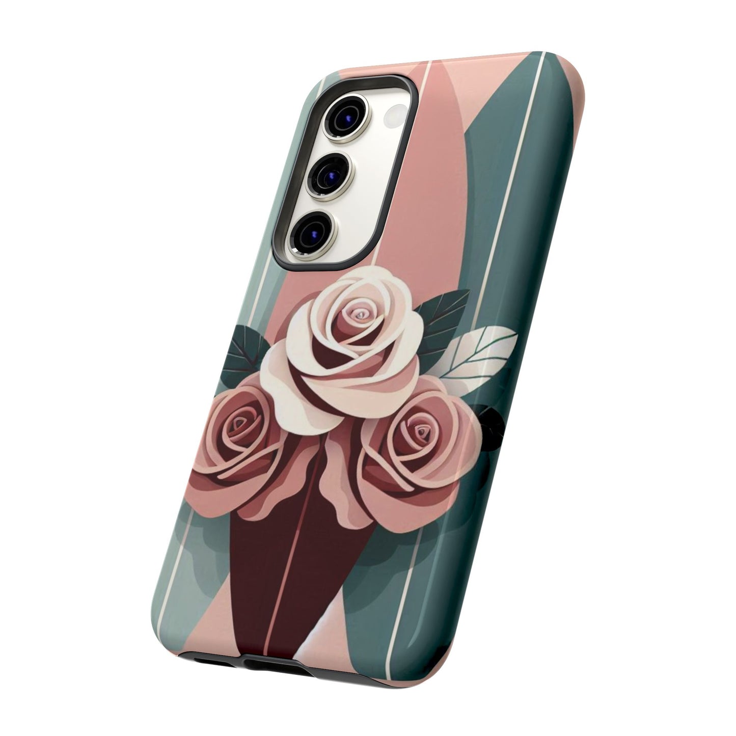 Phone Case - Burgundy, Matte Mauve & Teal Surfboard & Roses Design