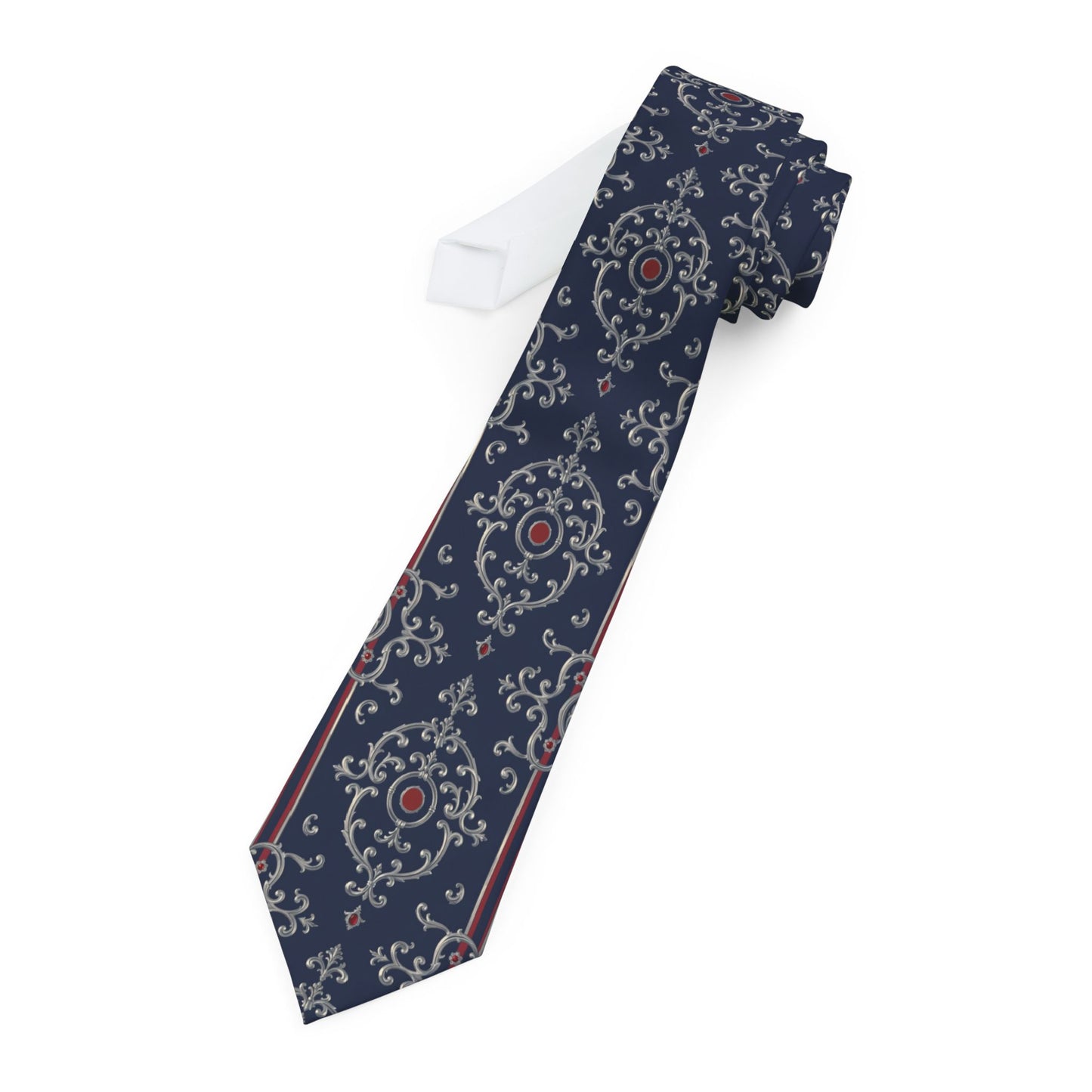 Elegant Floral Necktie - Formal Wear Accessory, Gift for Him, Wedding Tie, Business Attire, Father's Day Gift - Blue & Red Striped Silver Baroque
