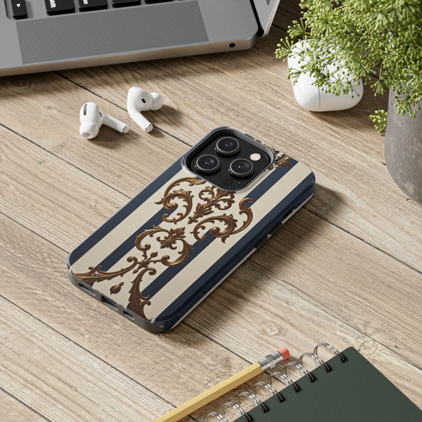 Damask Tough Phone Case - Alabaster & Blue Striped Damask
