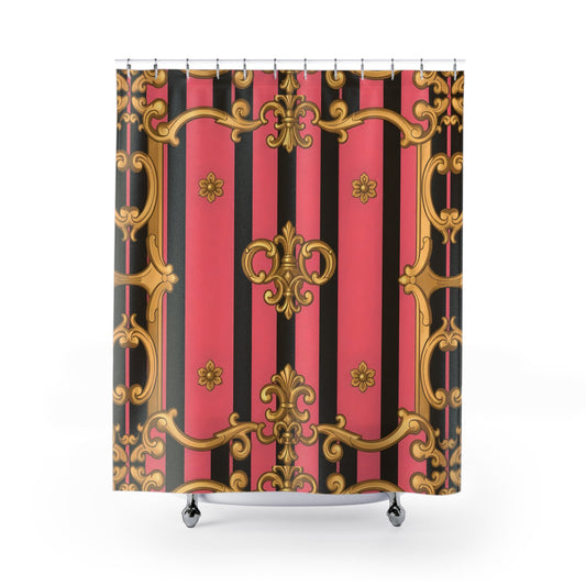 Glamorous Pink and Black Shower Curtain, Elegant Bathroom Decor, Modern Home - Pink & Black Striped Gold Baroque