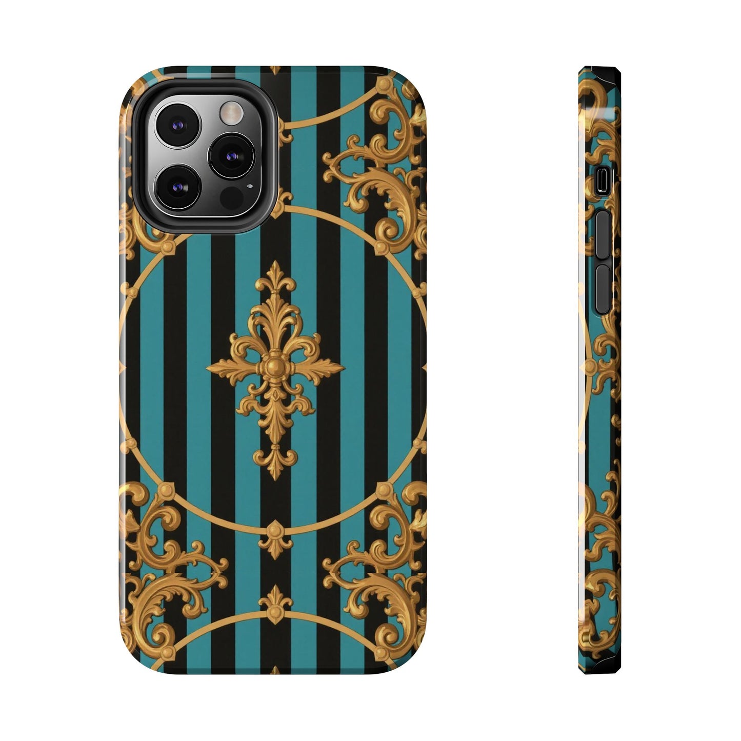 Elegant Turquoise & Black Striped Gold Baroque Phone Case, Tough Phone Cases for Fashion Lovers, Gift for Her, Luxury Accessories