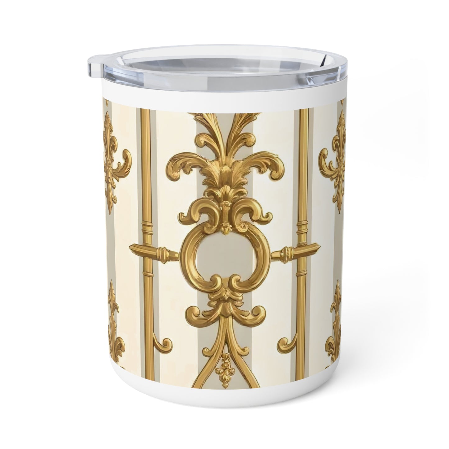 Elegant Gold Trim Insulated Coffee Mug, 10oz | Luxurious Gift, Decorative Drinkware, Home Office - Matte Gray & Cream Striped Gold Baroque