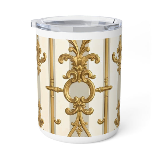 Elegant Gold Trim Insulated Coffee Mug, 10oz | Luxurious Gift, Decorative Drinkware, Home Office - Matte Gray & Cream Striped Gold Baroque
