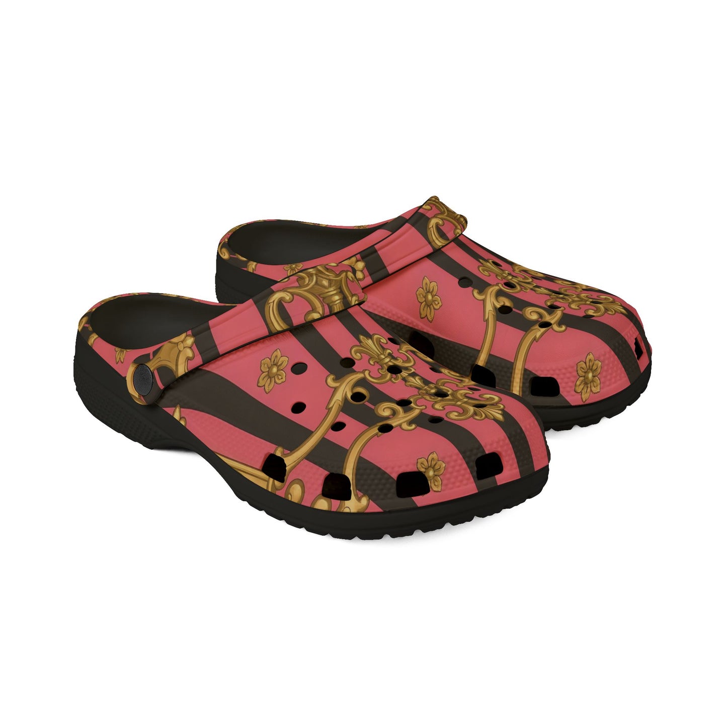Elegant Designer EVA Foam Shoes - Trendy Comfort for Summer Outings, Fashionable Footwear for Garden - Pink & Black Striped Gold Baroque