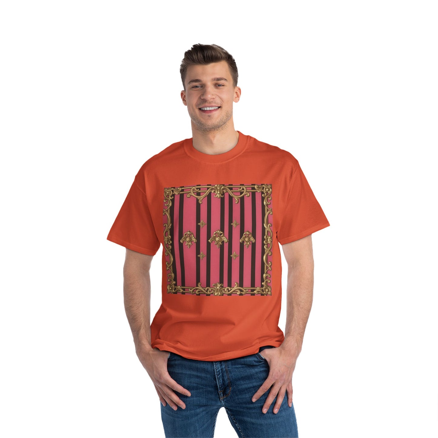 Elegant Baroque Short-Sleeve T-Shirt - Artistic Fashion, Graphics Tee, Unique Gift, Stylish Apparel, Casual Wear - Pink Striped Gold Rococo