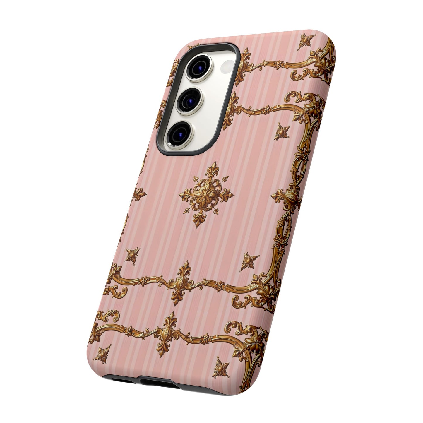 Elegant Floral Phone Case, Tough Cases for Women, Trendy Phone Cover, Chic Gift - Pink Striped Gold Baroque