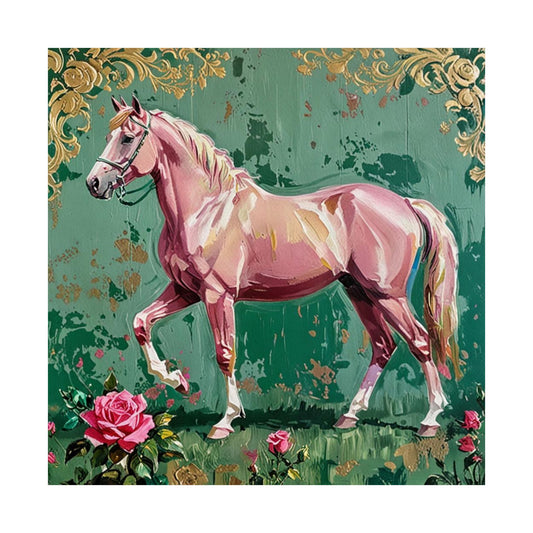Floral Motif Art Poster - Elegant Matte Vertical Wall Decor - Pink Horse With Gold Damask & Roses