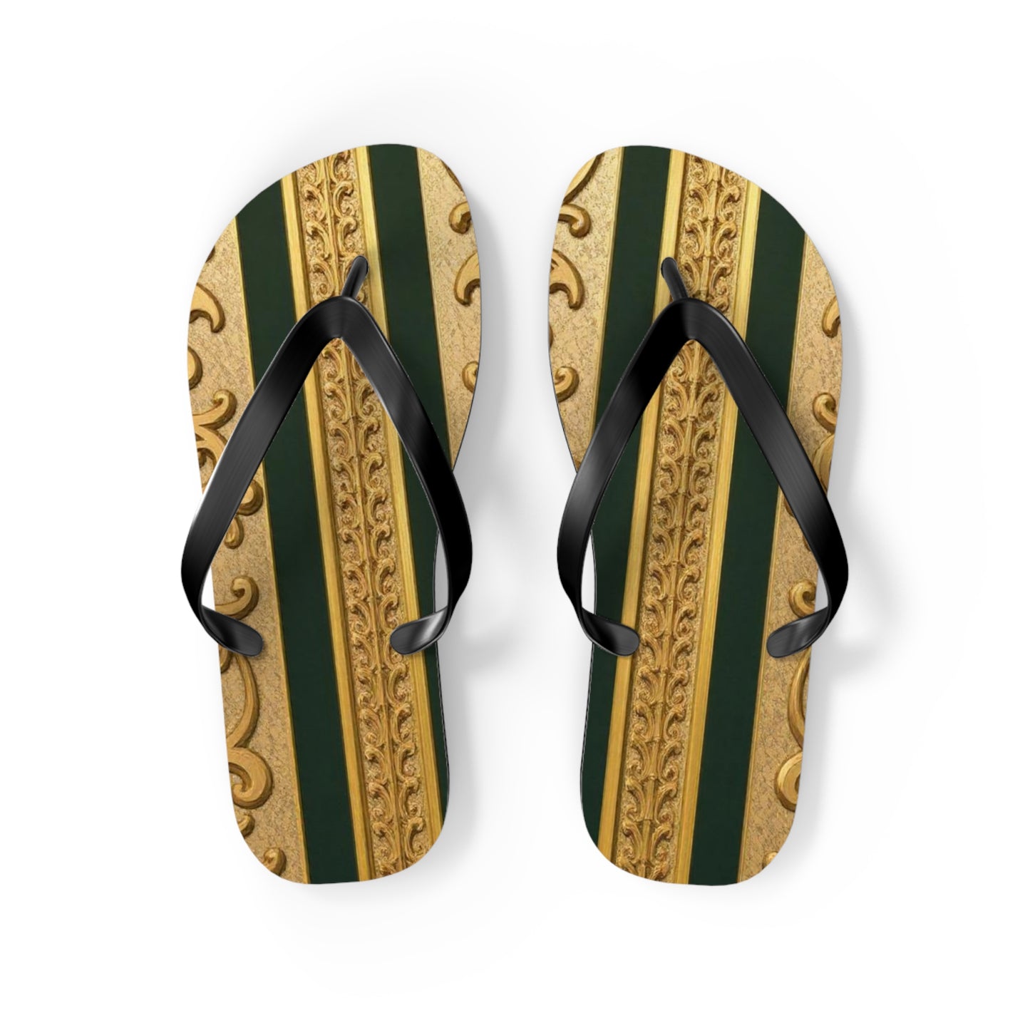Elegant Teal Striped Gold Baroque Flip Flops, Summer Sandals, Beach Footwear, Vacation Essentials, Stylish Slippers, Poolside Accessories