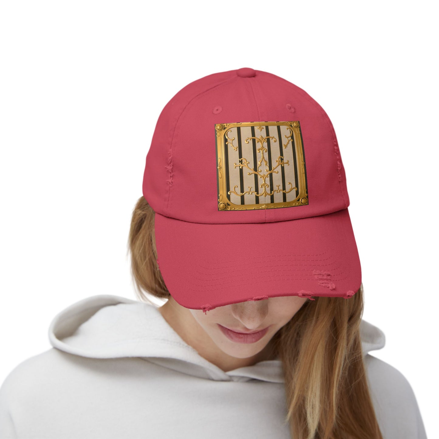 Unisex Distressed Cap - Beige Striped Gold Rococo