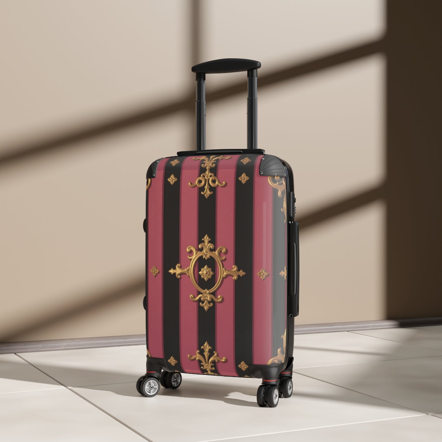 Elegant Black & Mauve Striped Gold Baroque Suitcase, Travel Luggage, Designer Carry-On, Stylish Baggage for Fashion Lovers