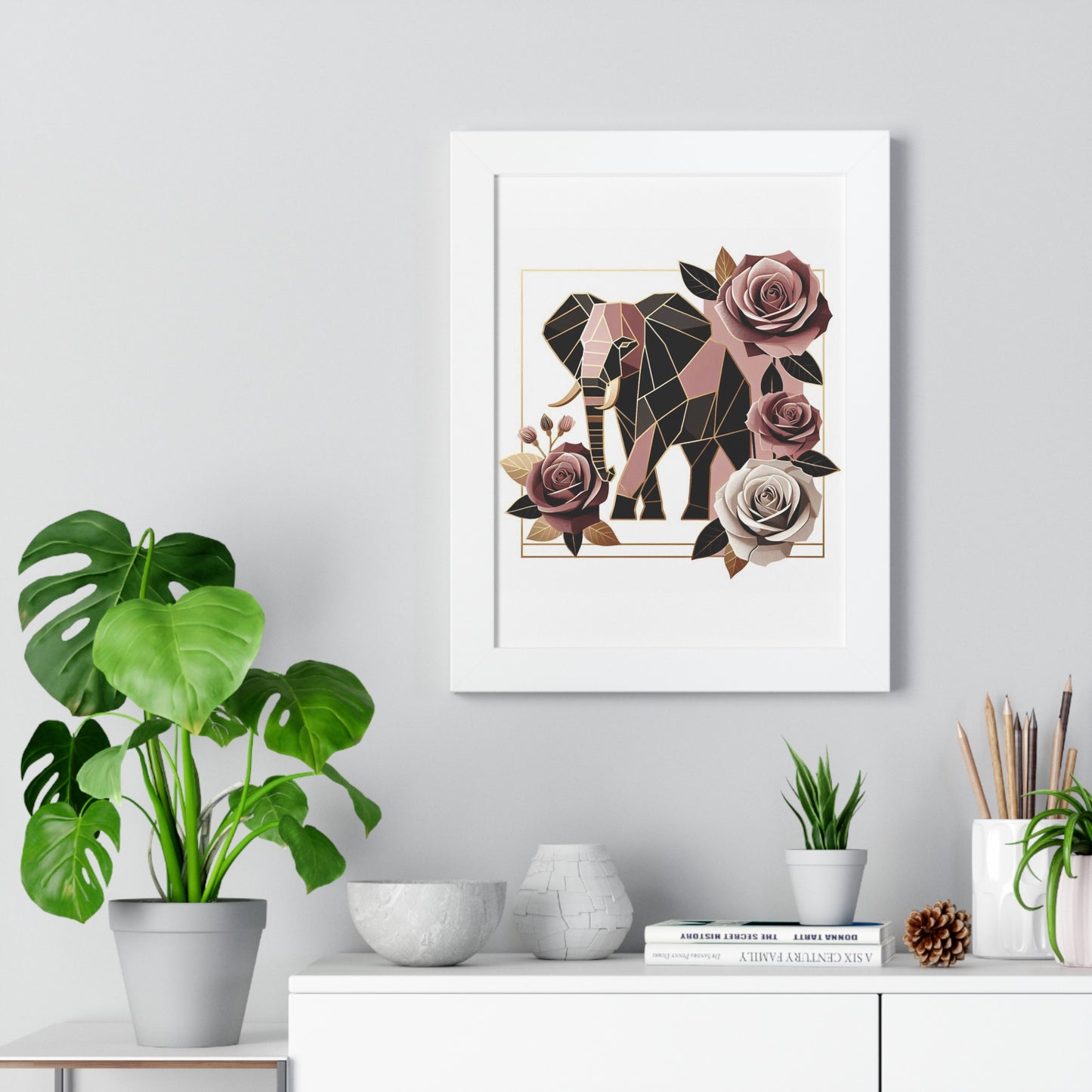 Vertical Poster - Brown & Mauve Elephant & Roses Wall Art