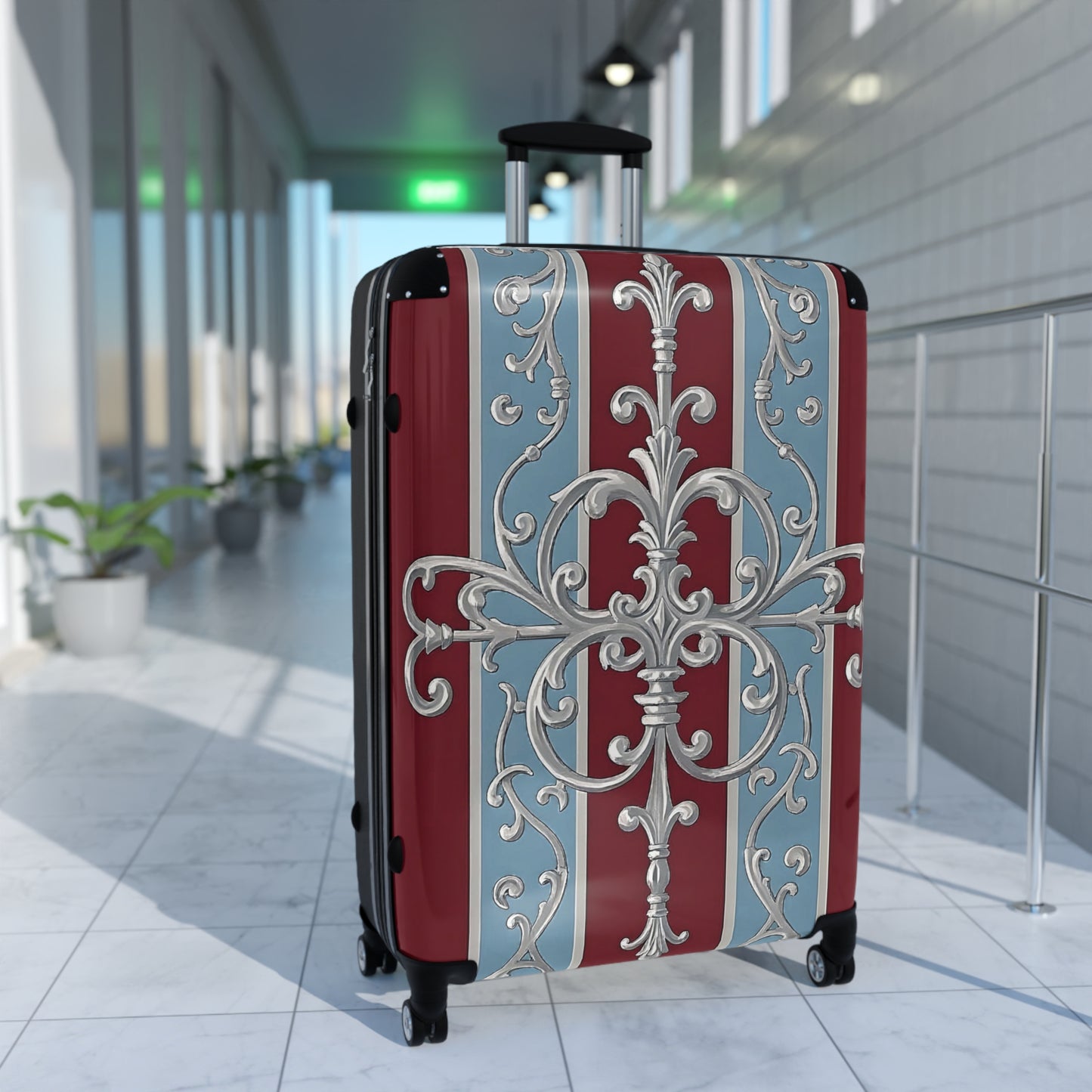Stylish Travel Suitcase with Elegant Floral Design - Ice Blue & Burgundy Striped Baroque