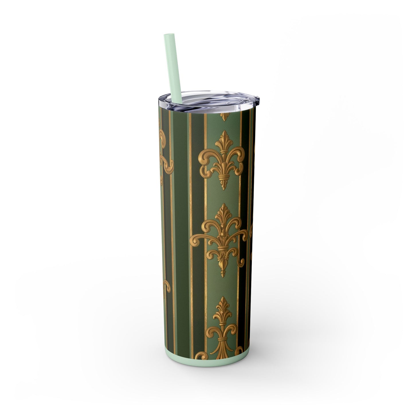 Elegant Green Striped Skinny Tumbler, 20oz Travel Mug, Reusable Cup, Perfect for Gifts, Parties, Home Decor - Green Striped Gold Baroque