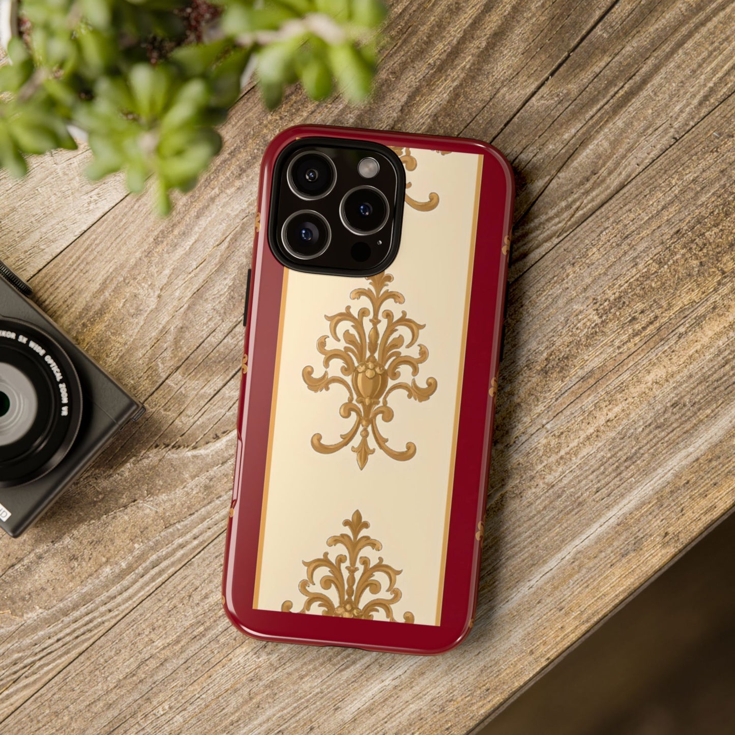 Elegant Floral Motif Phone Case - Tough Cases with Vintage Design - Dusk Red Striped Gold Damask