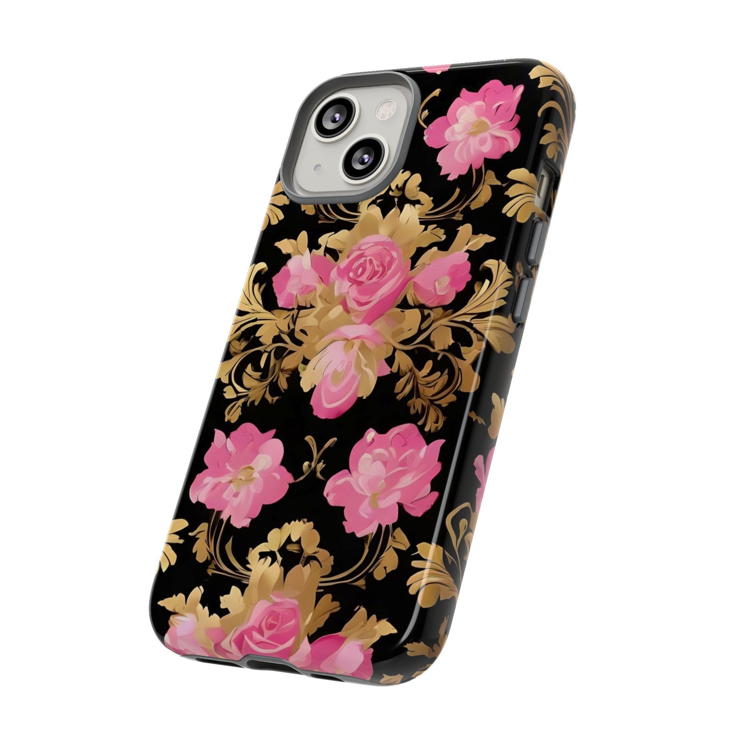 Elegant Floral Motif Phone Case - Tough Cases with Vintage Design - Pink & Gold Roses