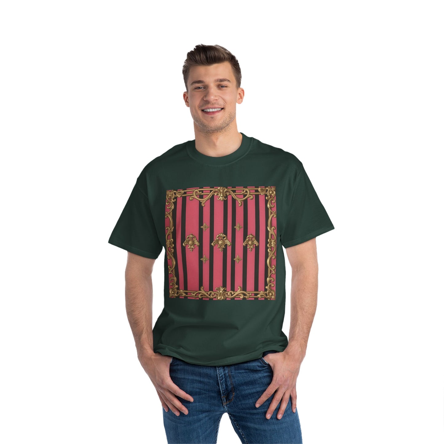 Elegant Baroque Short-Sleeve T-Shirt - Artistic Fashion, Graphics Tee, Unique Gift, Stylish Apparel, Casual Wear - Pink Striped Gold Rococo