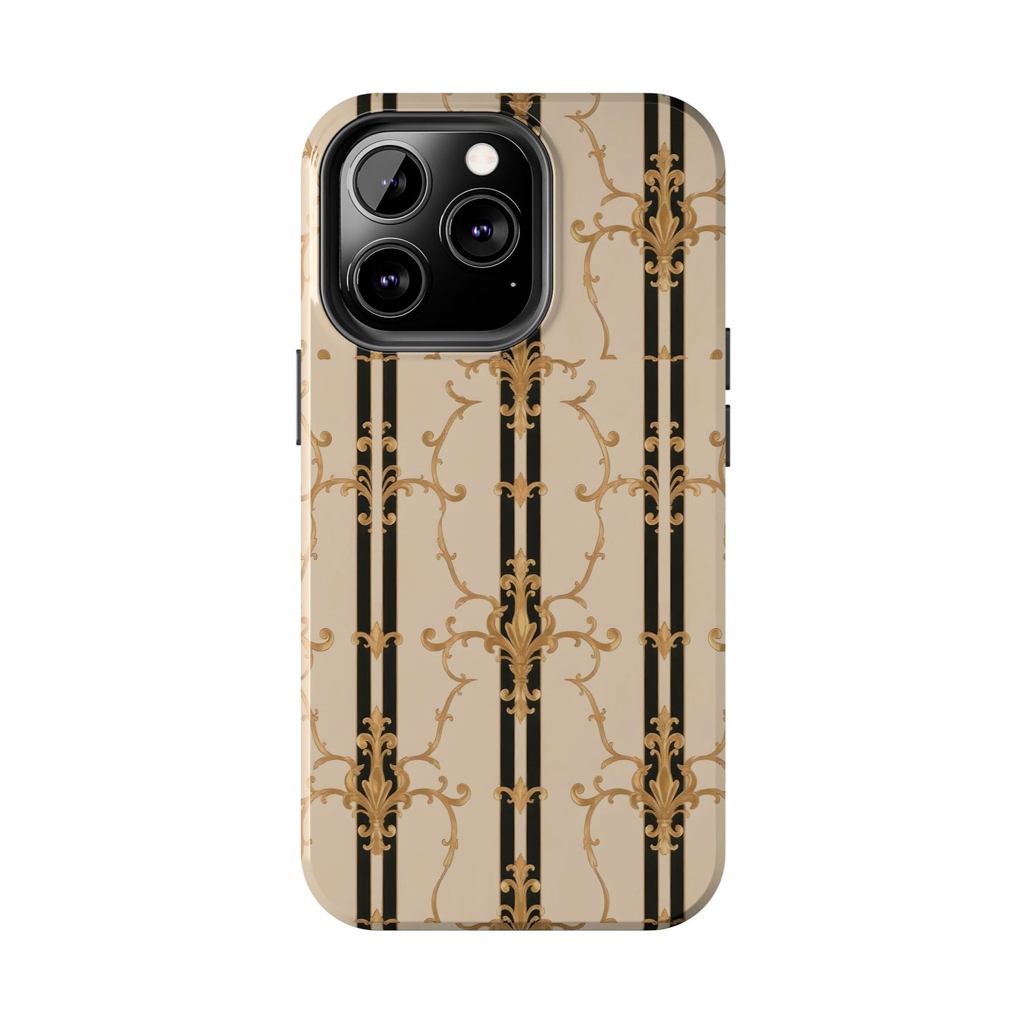 Elegantly Tough Phone Cases | Stylish Phone Covers, Durable Cases, Fashionable Accessories - Black & Beige Striped Damask
