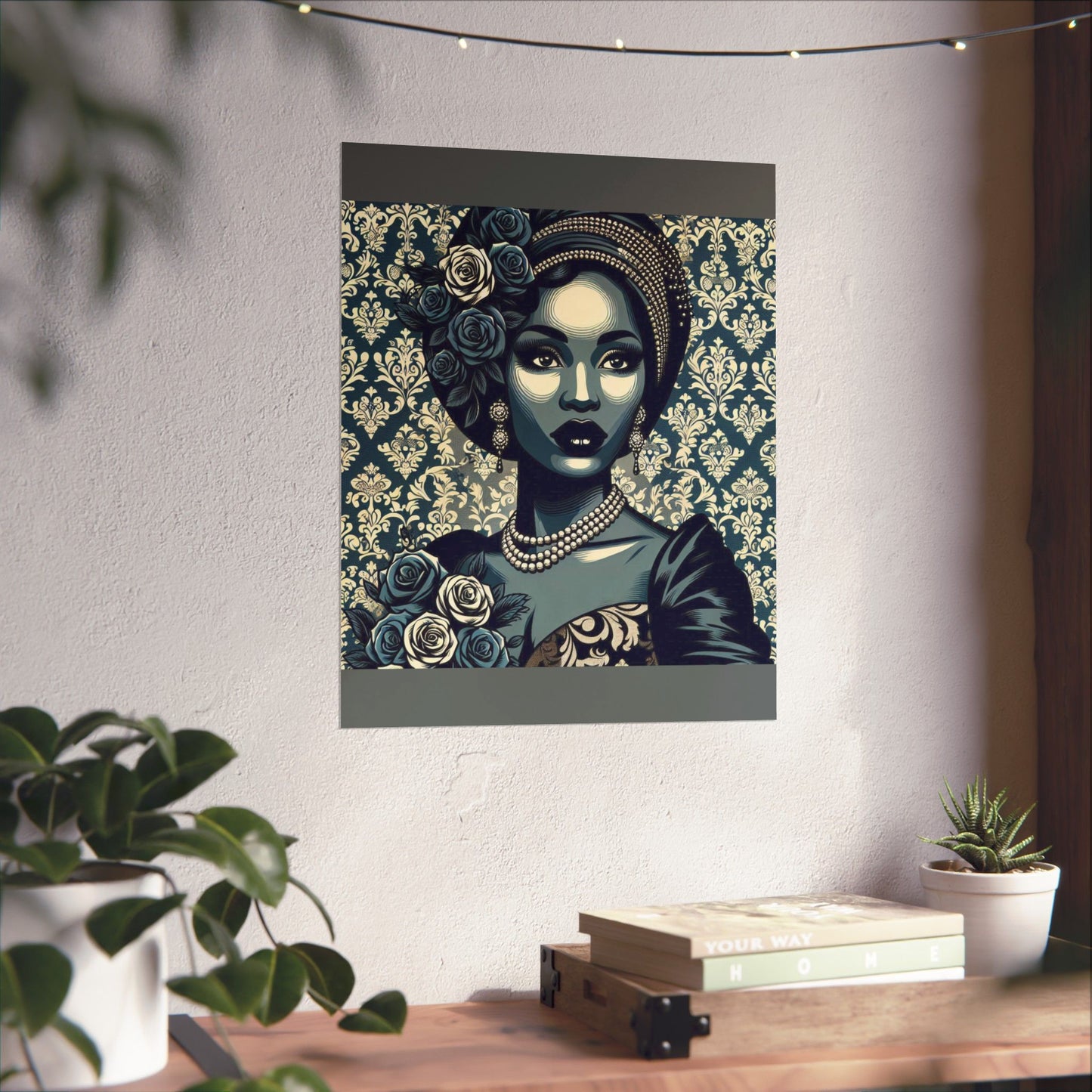 Floral Afro Art Poster - Elegant Matte Vertical Wall Decor - Slate Blue Lady & Damask