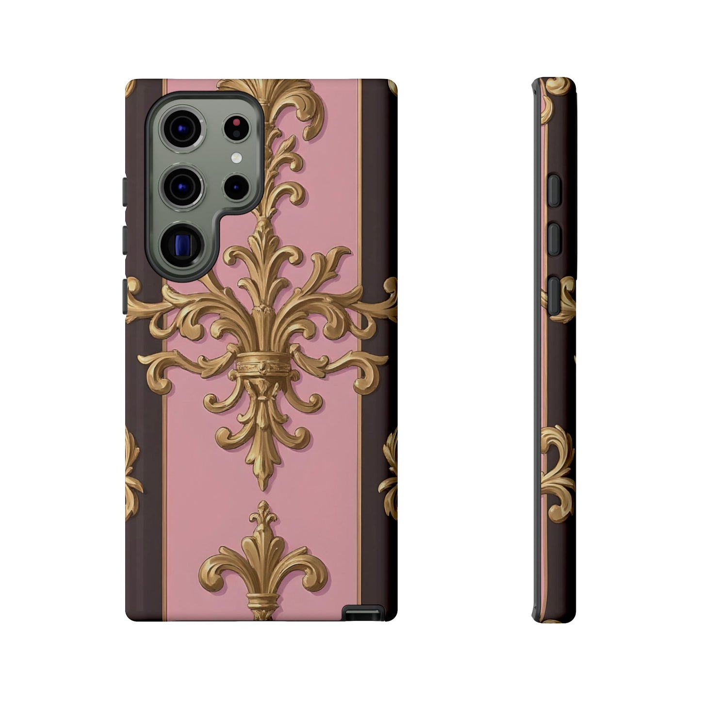 Elegant Floral Motif Phone Case - Tough Cases with Vintage Design - Pink & Brown Striped Gold Damask