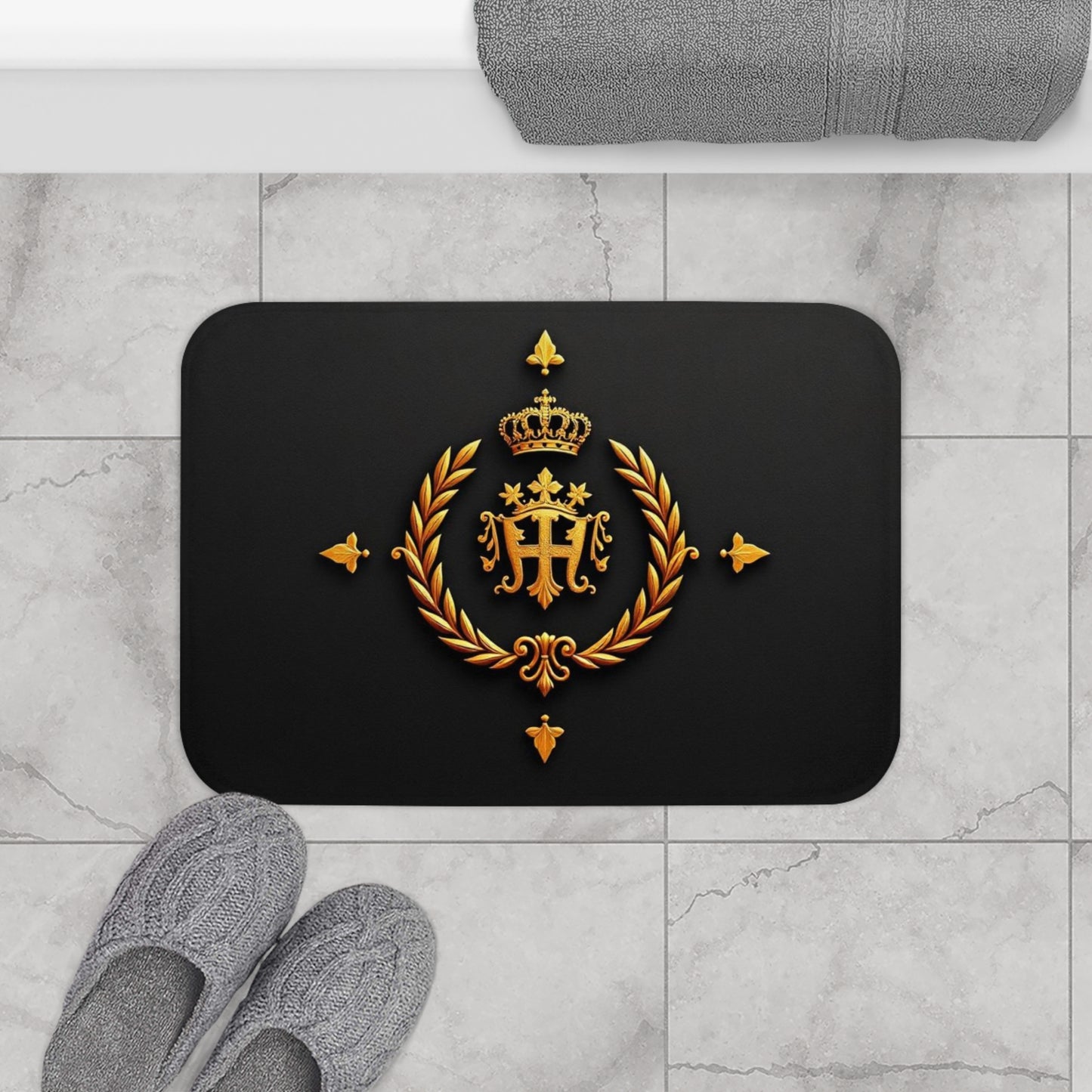 Luxurious Black Bath Mat with Crown Design, Elegant Bathroom Decor, Stylish Home Essentials, Spa Gift, Anniversary Present - Gold Crest