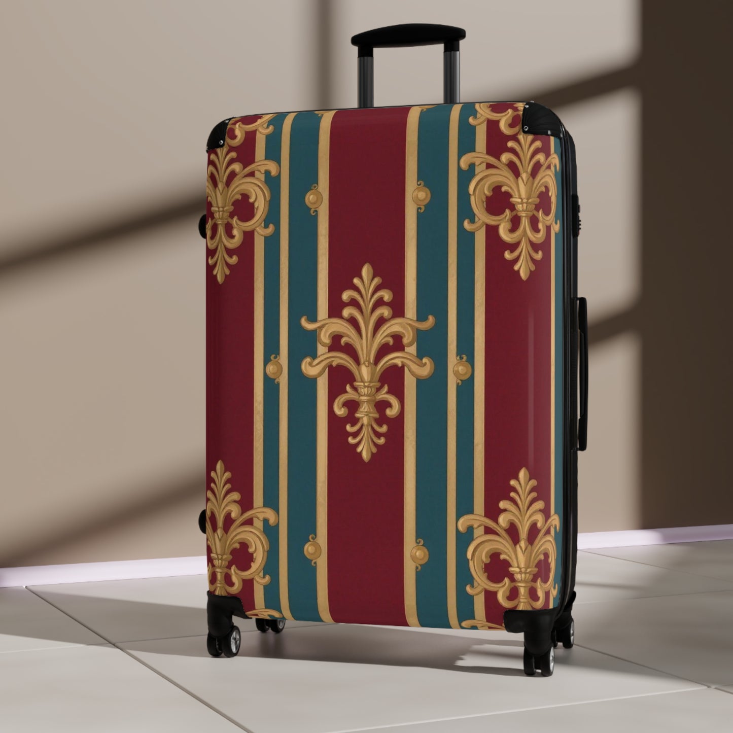 Elegant Travel Suitcase, Vintage Floral Luggage, Stylish Carry-On, Unique Vacation Bag, Perfect Gift for Travelers - Burgundy Striped Gold Baroque
