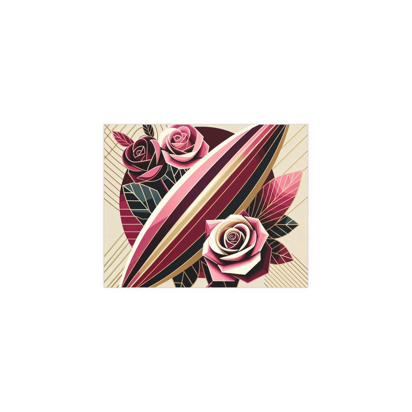 Elegant Floral Silk Poster - Indoor/Outdoor Wall Art for Home Decor - Pink & Burgundy Striped Surfboard & Roses