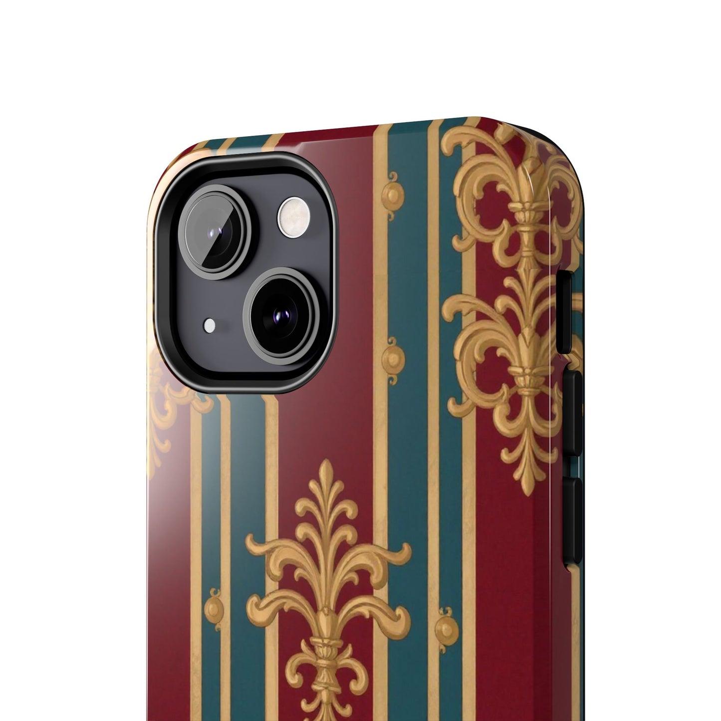 Elegant Vintage Tough Phone Case, Luxury Phone Protection, Stylish Phone Cover, Durable Phone Accessory - Burgundy Striped Gold Baroque