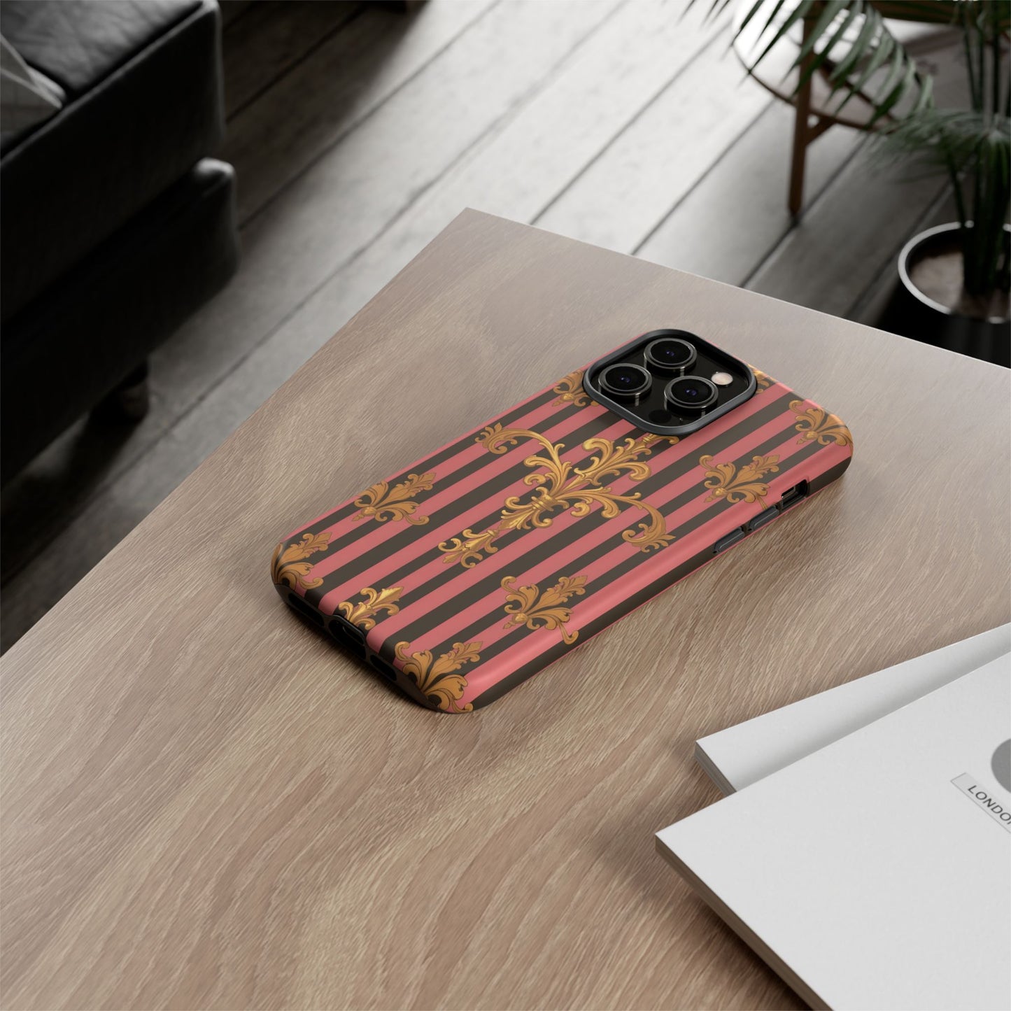 Elegant Floral Motif Phone Case - Tough Cases with Vintage Design - Mauve Striped Gold Damask