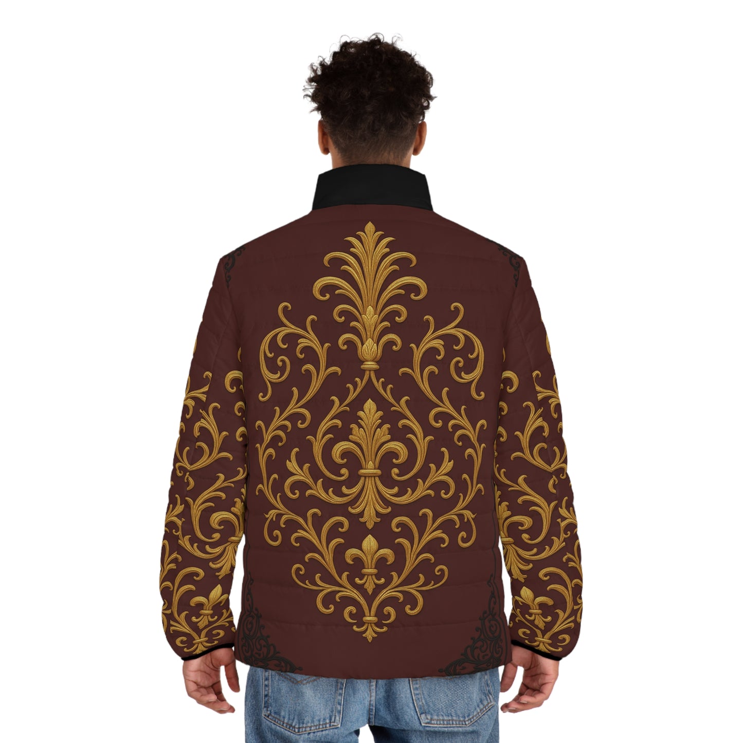 Dusk Burgundy-Black & Gold Baroque Scroll Men's Puffer Jacket