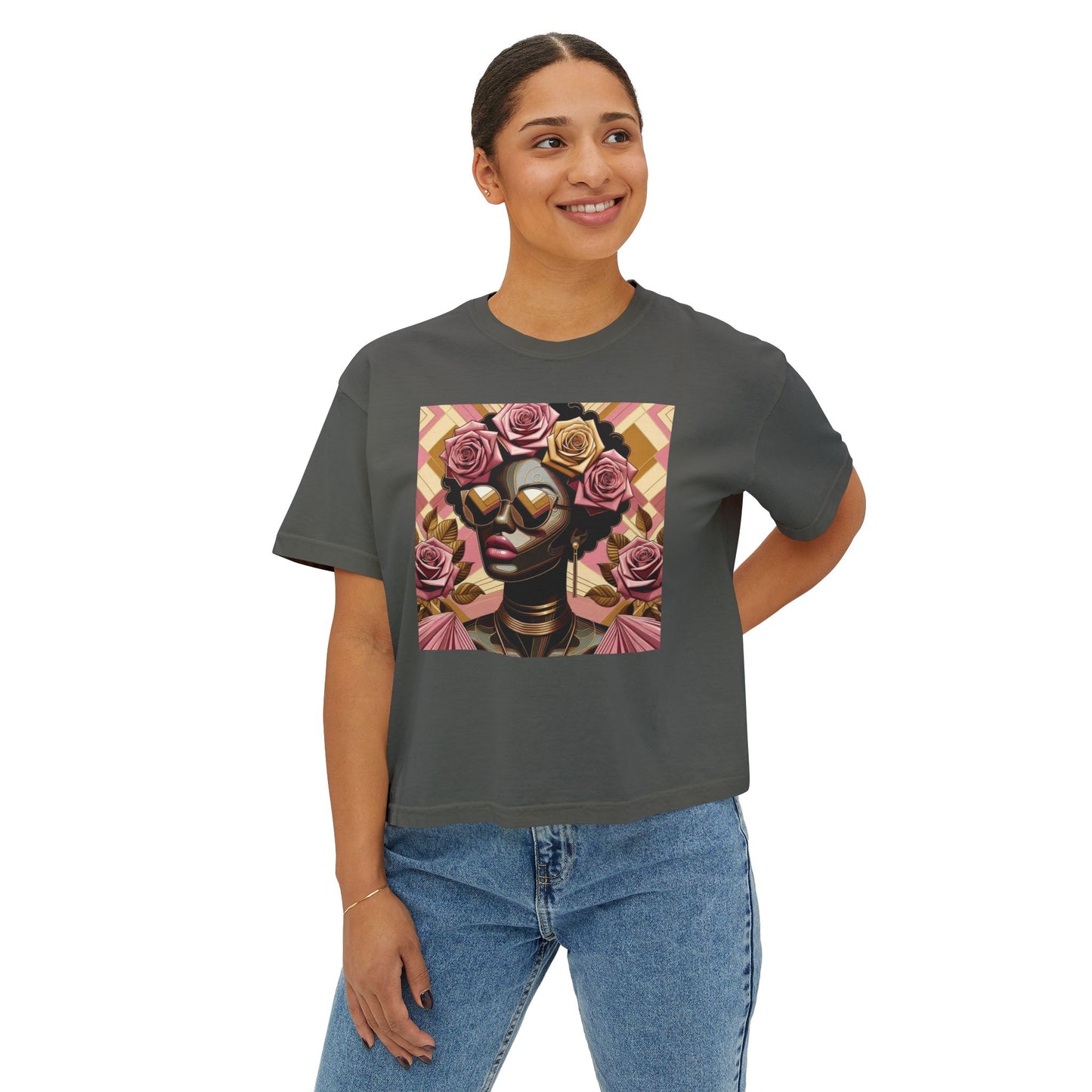 Chic Floral Graphic Women's Boxy Tee, Casual T-Shirt, Summer Fashion, Gift for Her, Everyday Wear - Pink Roses Lady