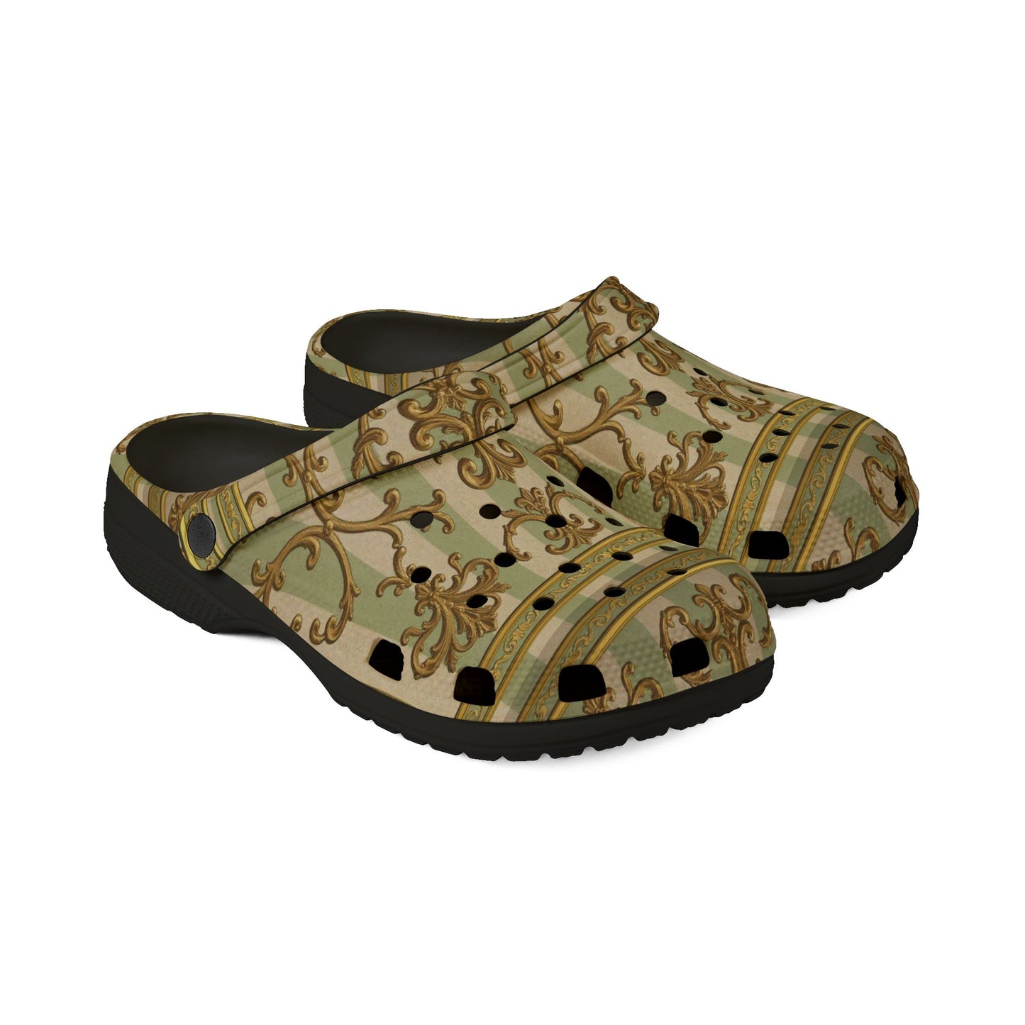 Stylish EVA Foam Clogs with Floral Design, Comfortable Garden Shoes, Unique Fashion Footwear - Mint & Beige Striped Gold Baroque