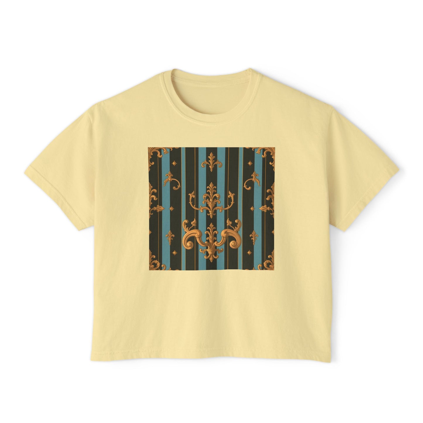 Chic Women's Boxy Tee with Elegant Vintage Design, Casual Outfit, Gift for Her, Summer Style, Fashion Tee - Black & Turquoise Striped Baroque