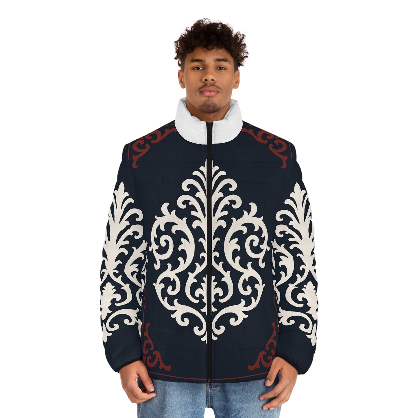 Dusk Blue & Maroon-White Baroque Men's Puffer Jacket — Baroque Pattern Quilted Coat