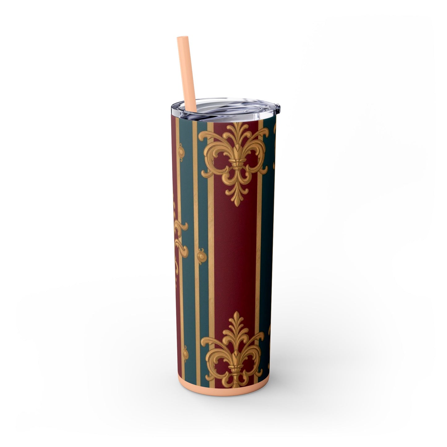 Elegant Vintage Skinny Tumbler with Straw, 20oz | Gold & Burgundy Design | Travel Mug, Gift for Her - Burgundy Striped Gold Baroque