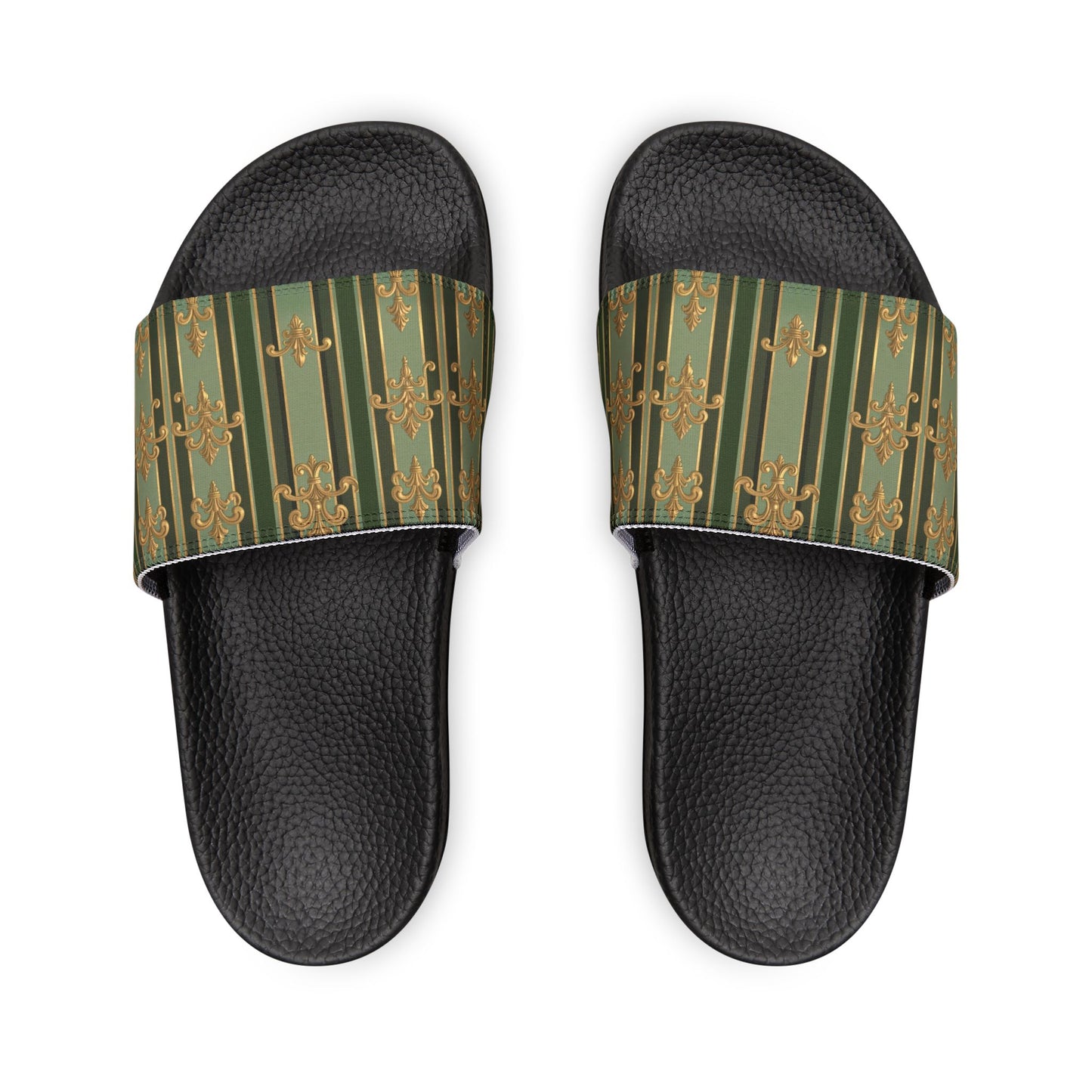 Stylish Removable-Strap Sandals for Women, Trendy Summer Footwear, Gift for Her, Casual Slip-Ons - Green Striped Gold Baroque