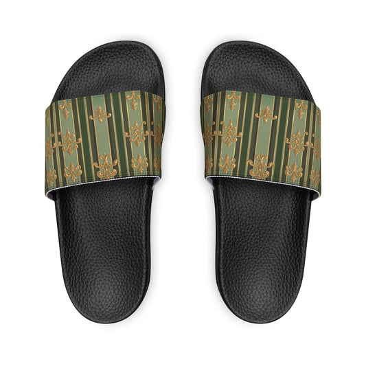 Stylish Removable-Strap Sandals for Women, Trendy Summer Footwear, Gift for Her, Casual Slip-Ons - Green Striped Gold Baroque
