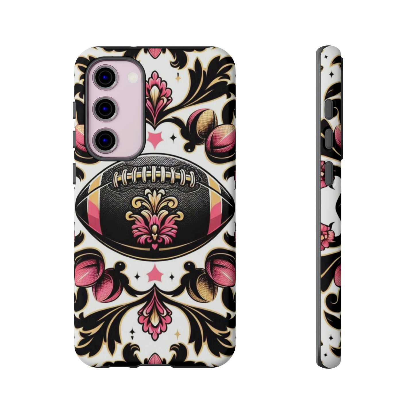 Elegant Floral Motif Phone Case - Tough Cases with Vintage Design - Damask White, Pink Gold & Black Football