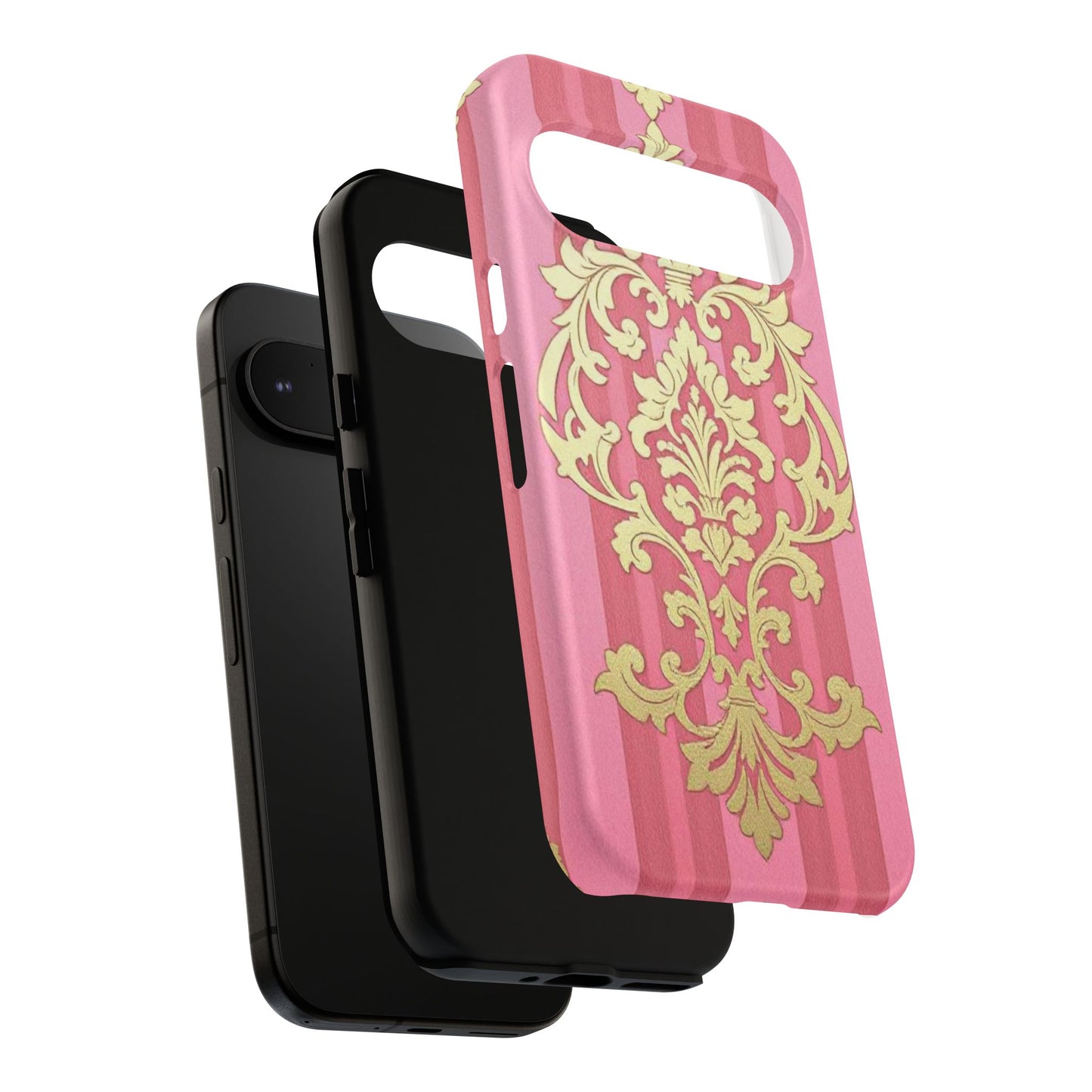 Elegant Floral Motif Phone Case - Tough Cases with Vintage Design - Pink Striped Damask
