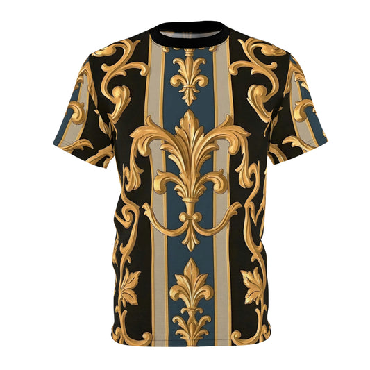 Luxurious Gold Pattern Tee, Stylish Graphic T-Shirt, Trendy Casual Wear, Fashionable Summer Top - Blue & Black Striped Rococo