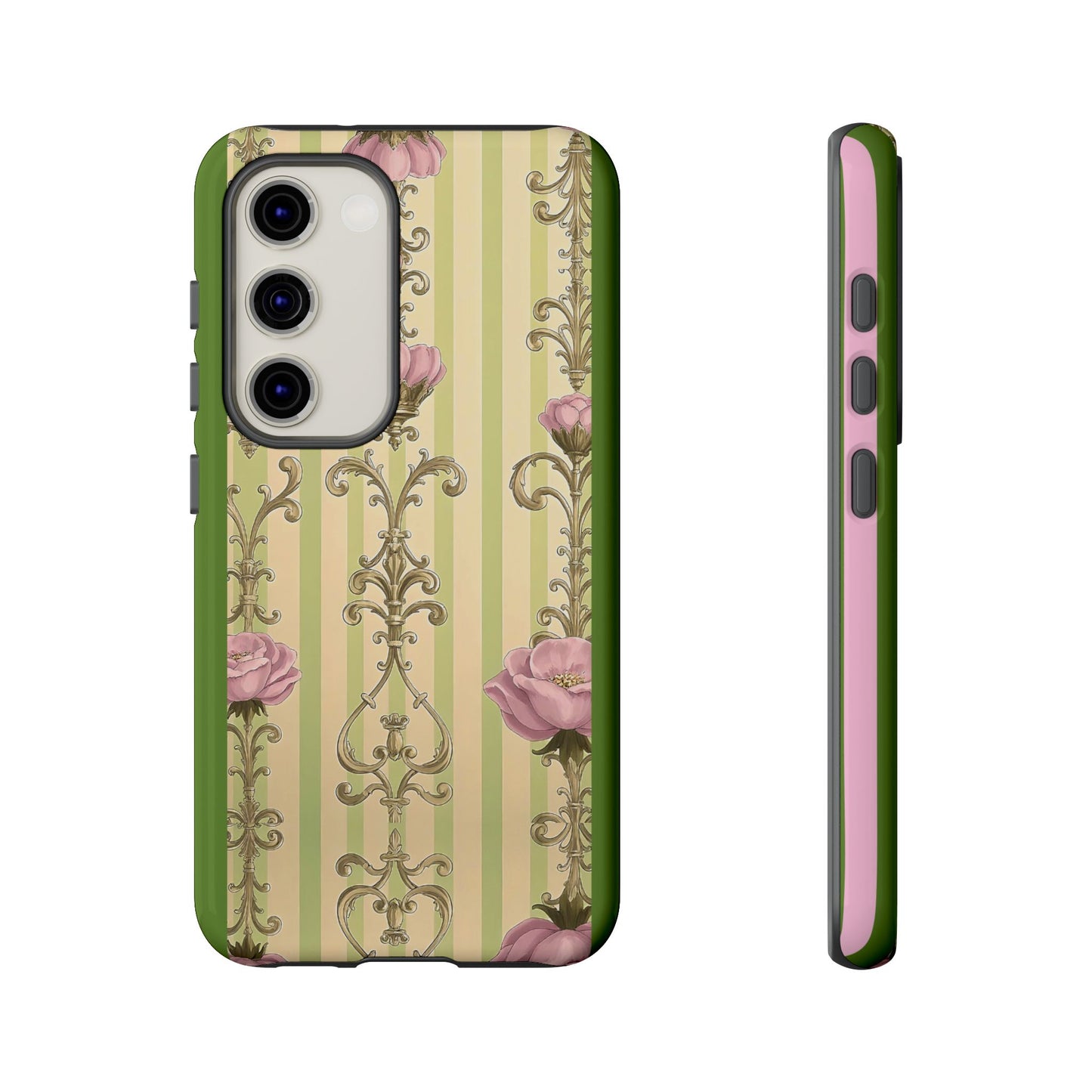 Elegant Floral Motif Phone Case - Tough Cases with Vintage Design - Lime Green & Pink Striped Damask