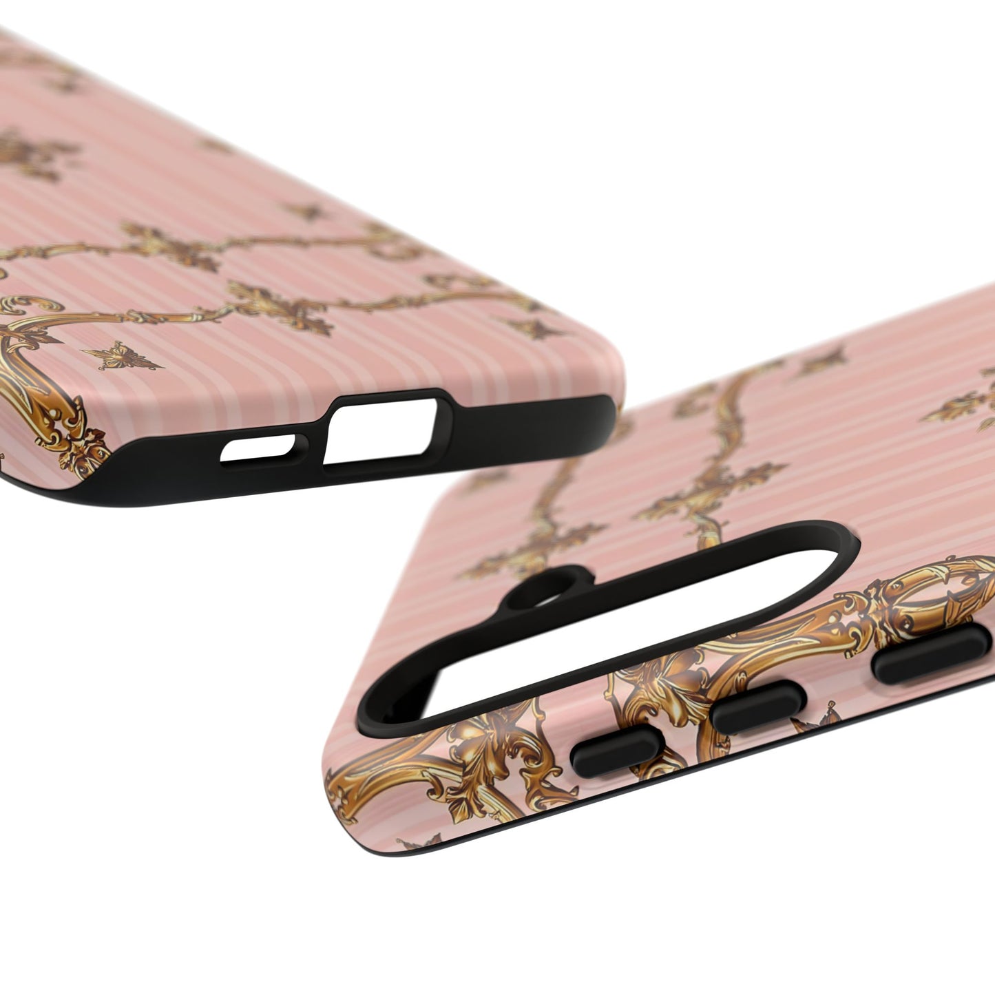 Elegant Floral Phone Case, Tough Cases for Women, Trendy Phone Cover, Chic Gift - Pink Striped Gold Baroque