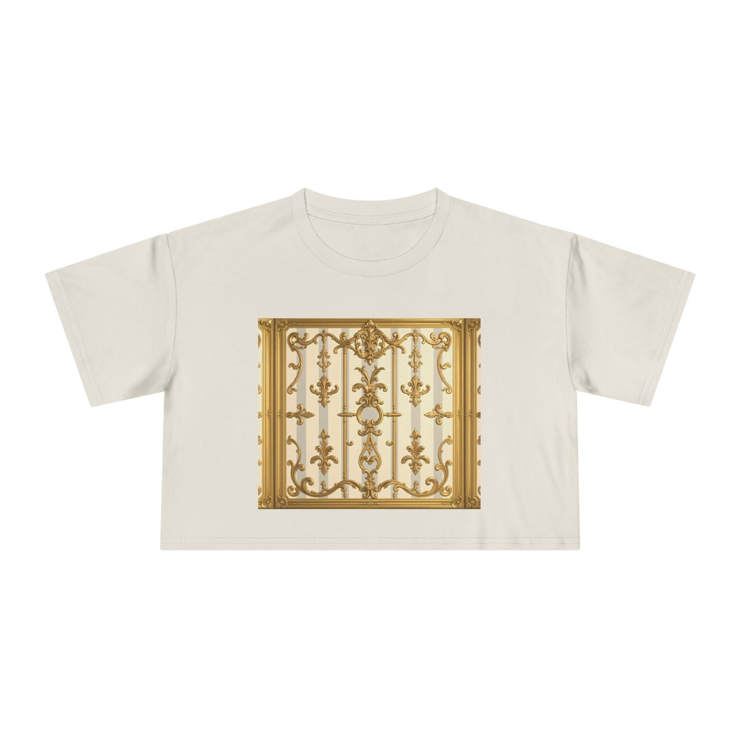 Elegant Vintage Women's Crop Tee, Stylish Oversized Top, Casual Summer Shirt, Trendy Women's Apparel - Matte Gray & Cream Striped Gold Baroque